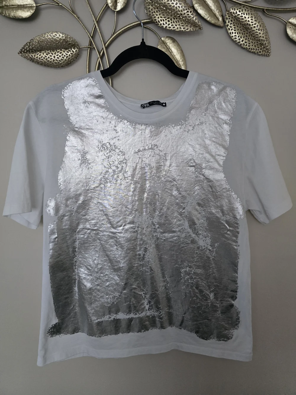 Zara White Tee with Silver Foil Panel Size S Oversized Cotton - Picture 1 of 7
